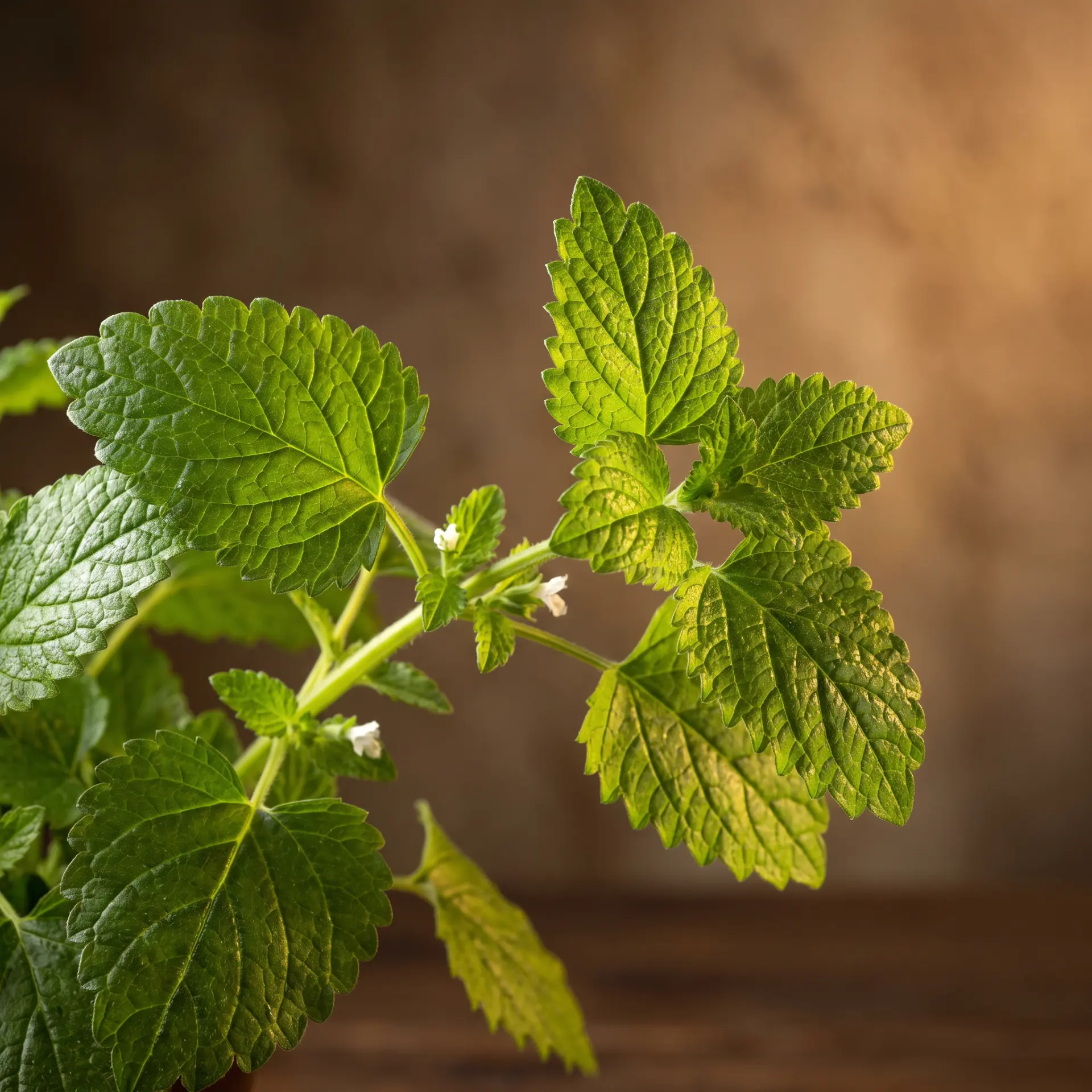 Fresh lemon balm sprigs on warm linen