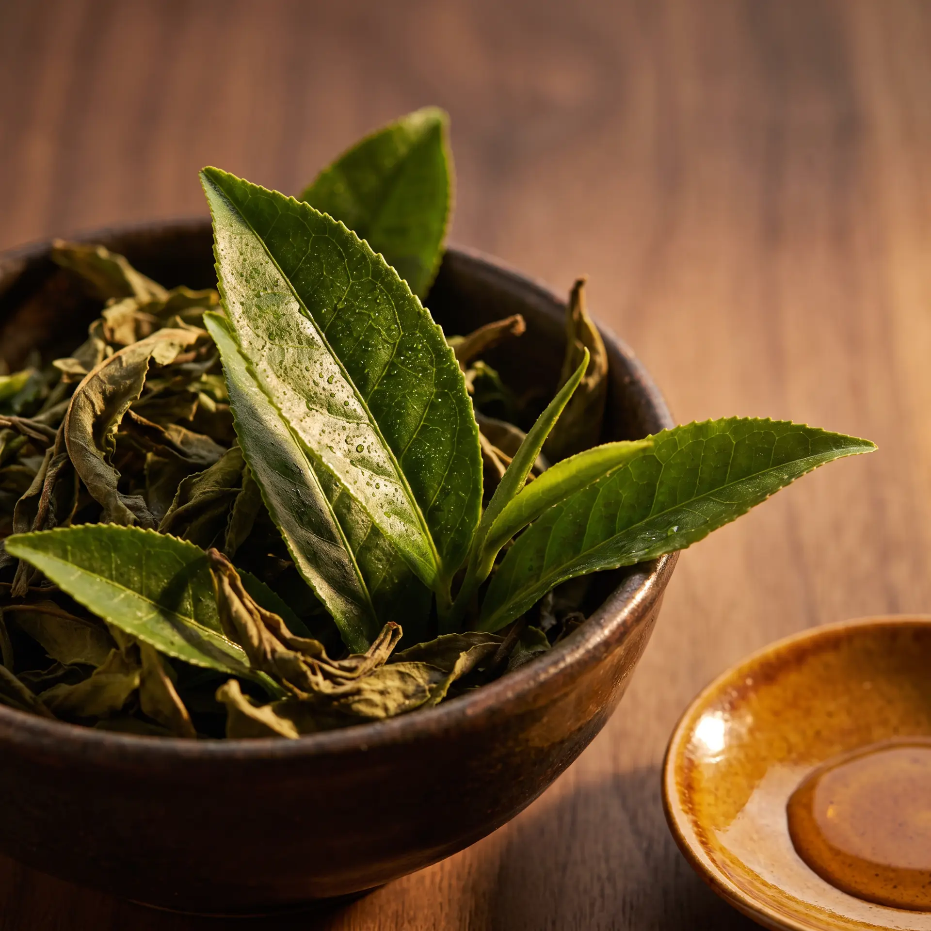 Fresh green tea leaves and matcha on warm linen