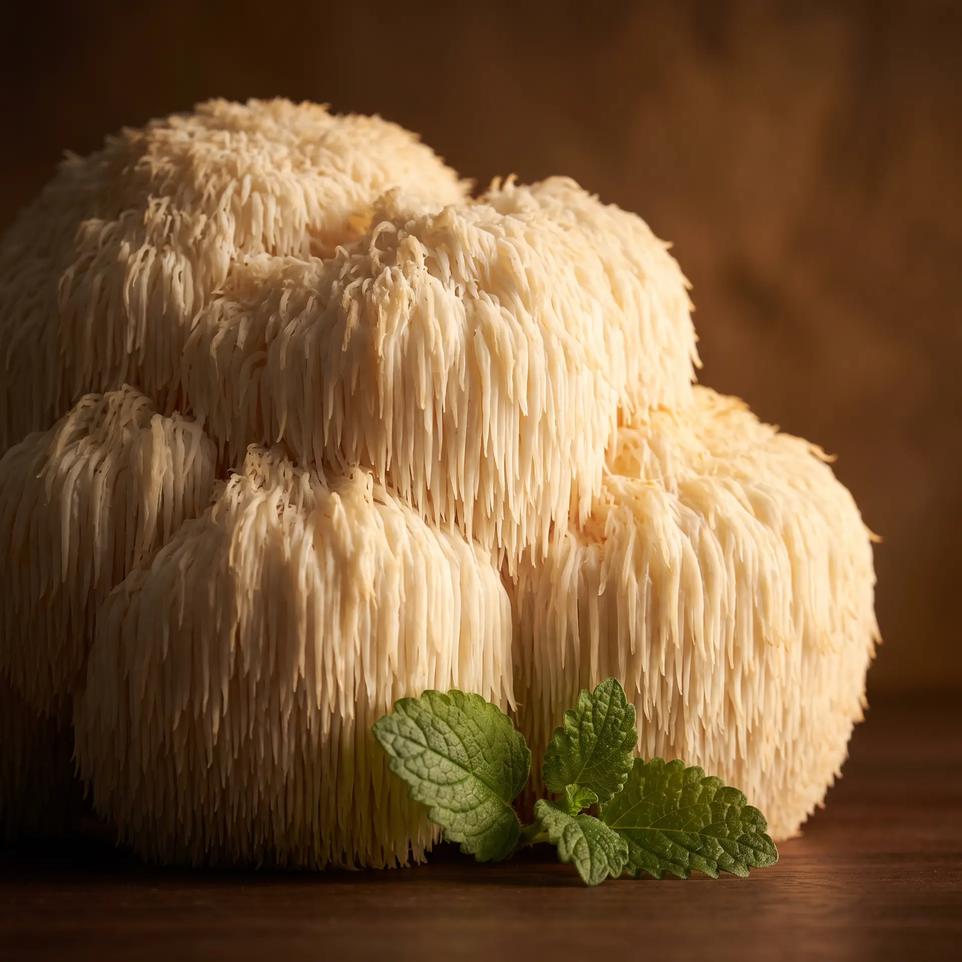 Fresh Lion's Mane mushroom on warm linen